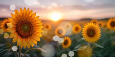 Sunflowers Blooming In A Field At Sunset