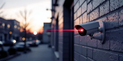 Security Camera With Red Laser Beam On Brick Wall