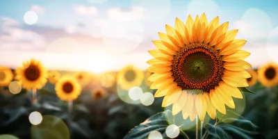 Vibrant Sunflower Field At Golden Hour Sunset