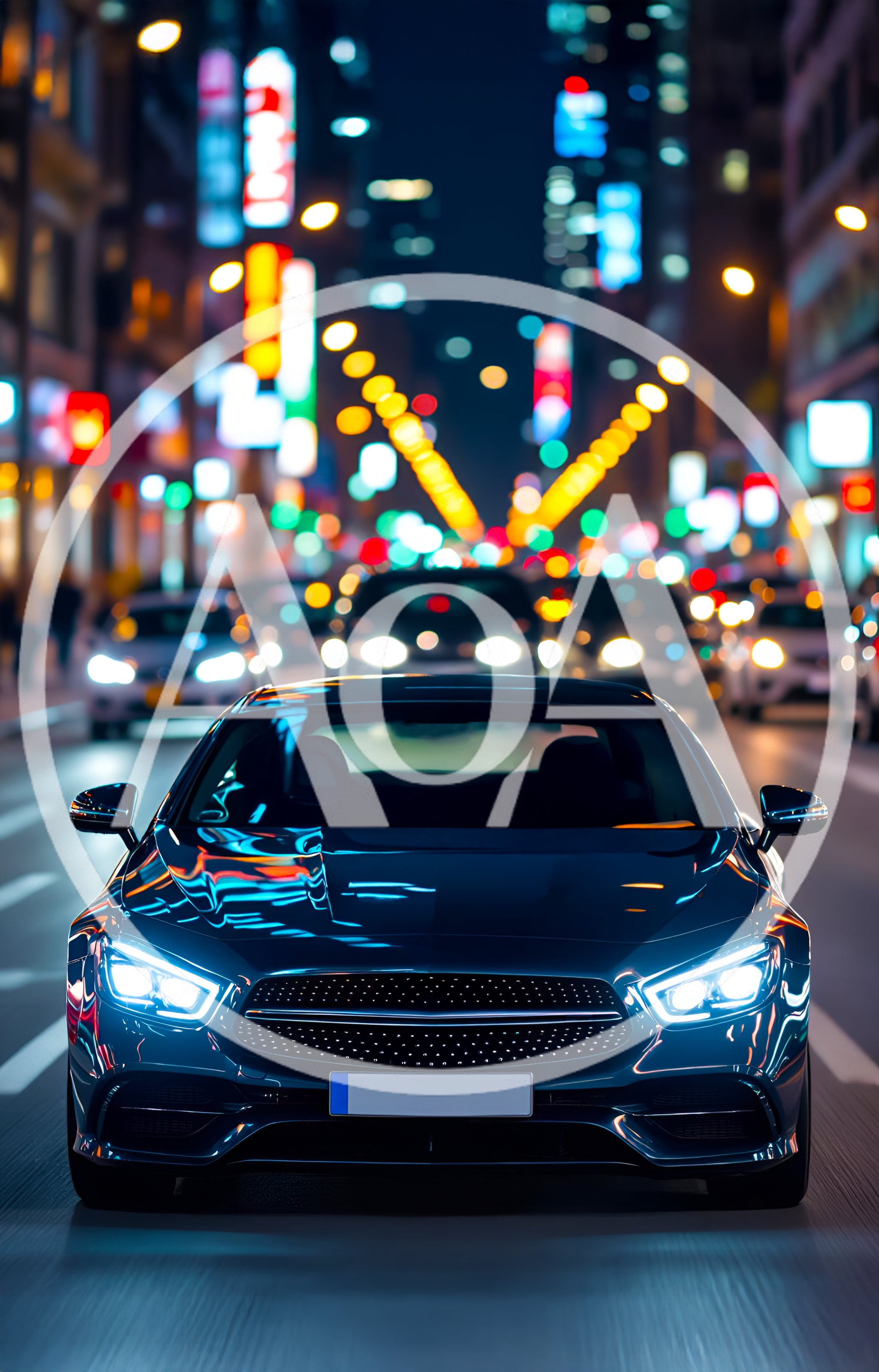 Modern Luxury Car Driving Through City Night Traffic