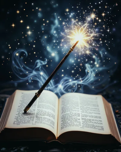 Magic Wand Casting Spells Over Open Spellbook