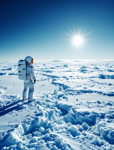 Astronaut Standing Alone on a Vast Frozen Ice Field