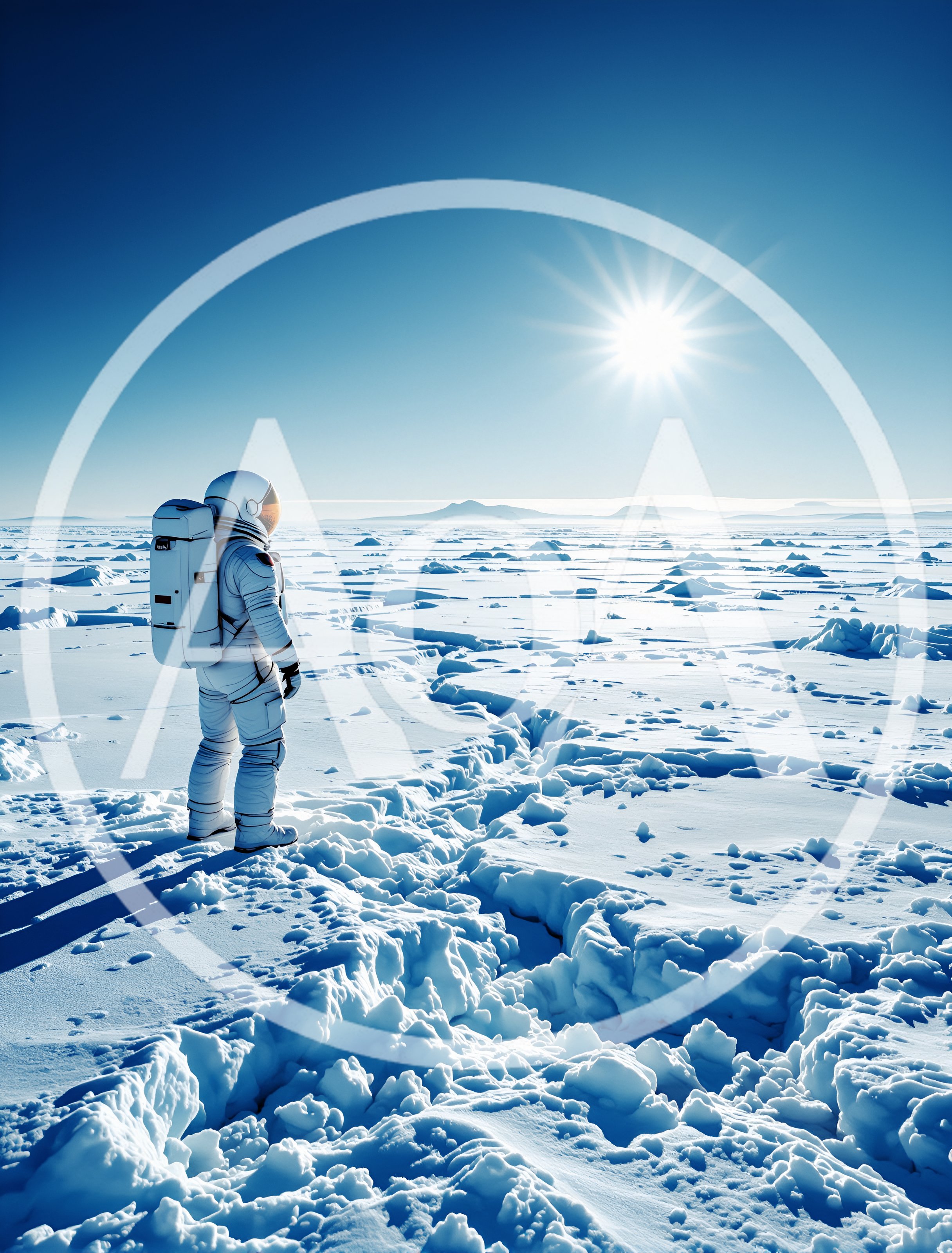 Astronaut Standing Alone on a Vast Frozen Ice Field