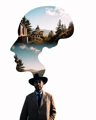 Double Exposure Portrait Of A Man With Landscape Silhouette