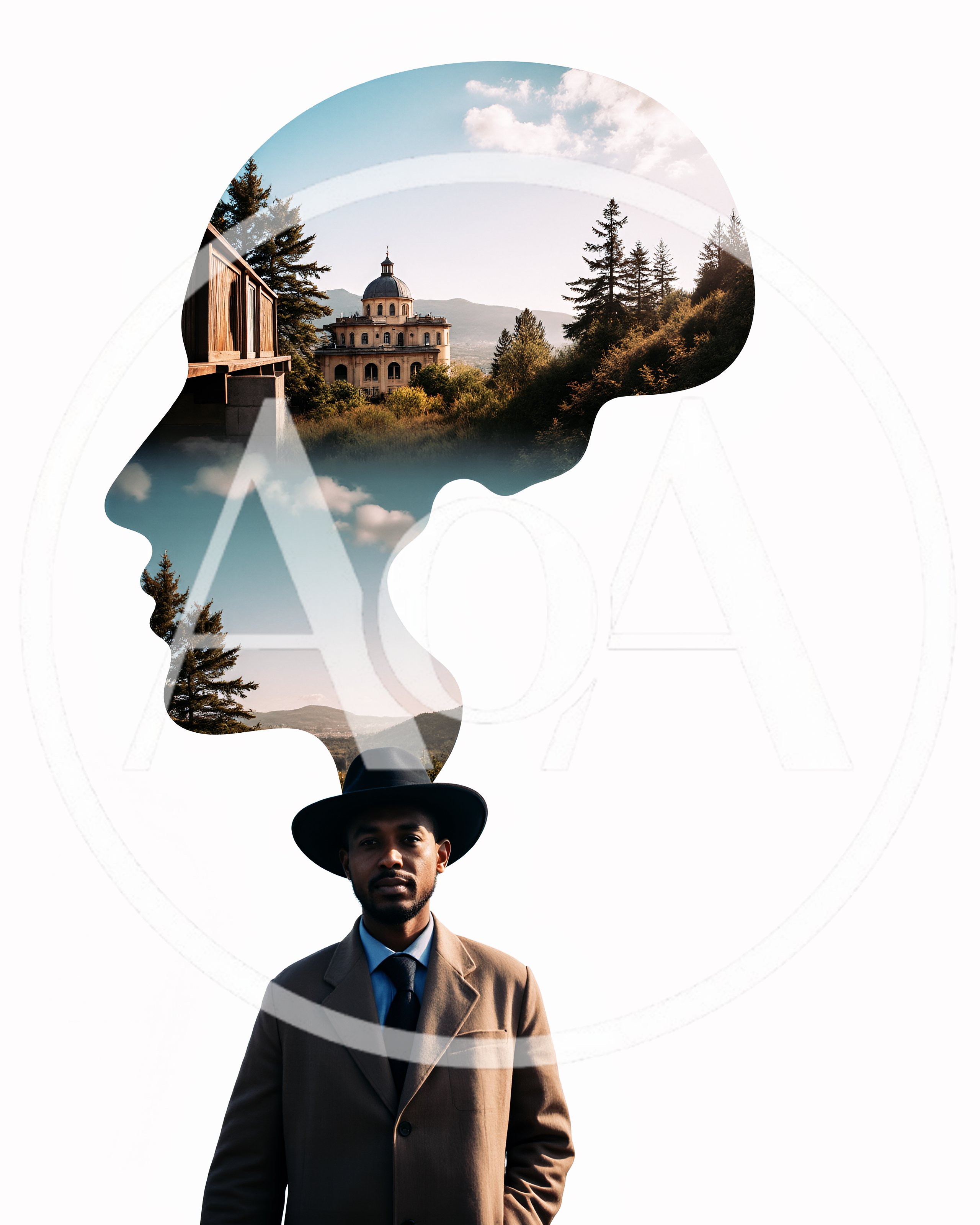 Double Exposure Portrait Of A Man With Landscape Silhouette