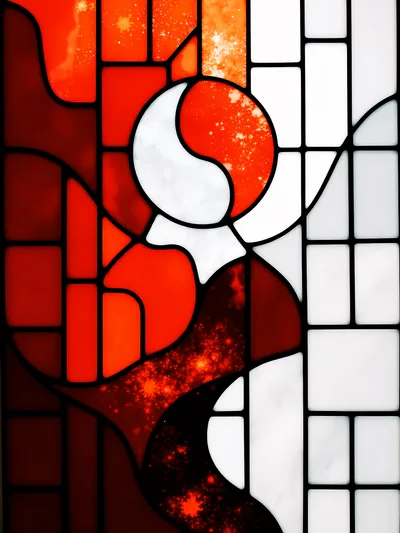 Abstract Stained Glass Window With Red And White Patterns
