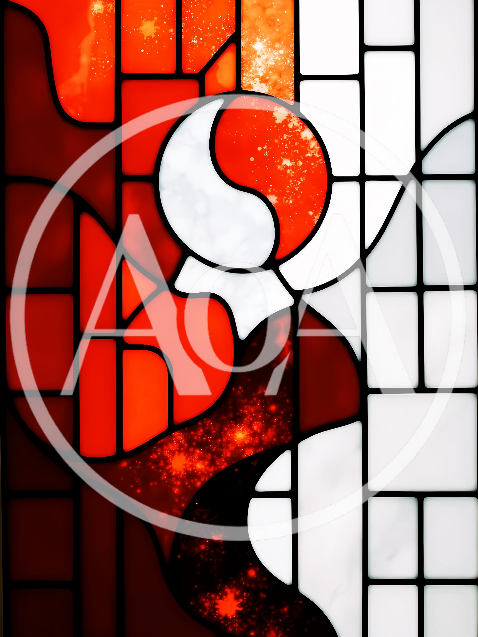 Abstract Stained Glass Window With Red And White Patterns