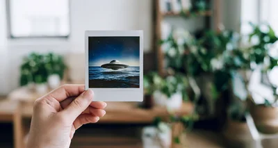 Hand Holding Polaroid Photo Of UFO Over Ocean