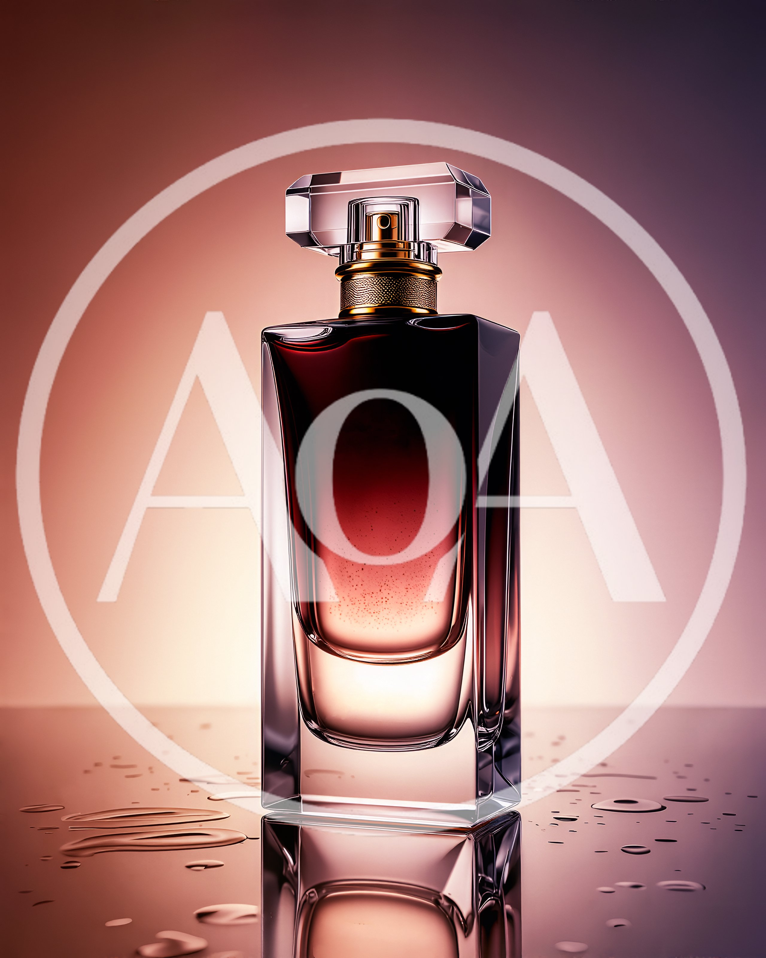 Luxury Perfume Bottle On Reflective Surface With Water Droplets