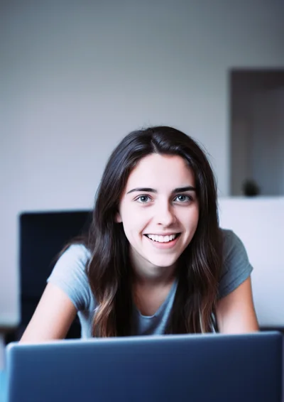 Young Woman Smiling While Working On Her Laptop
