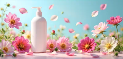 White Cosmetic Pump Bottle Surrounded by Pink Flowers