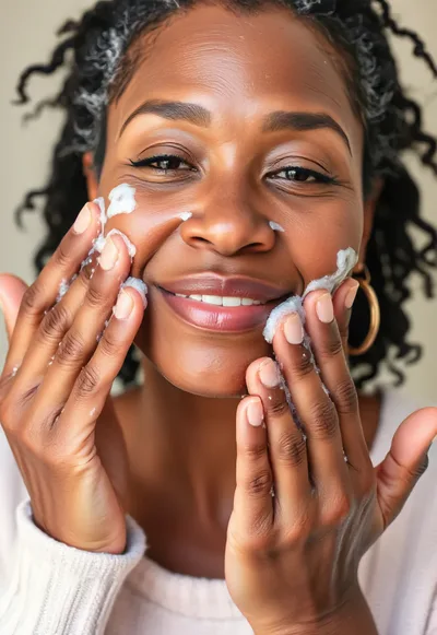 Middle Aged Black Woman Applying Facial Cleanser