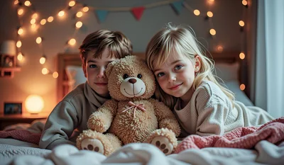Young Children Cuddling With Teddy Bear In Bedroom