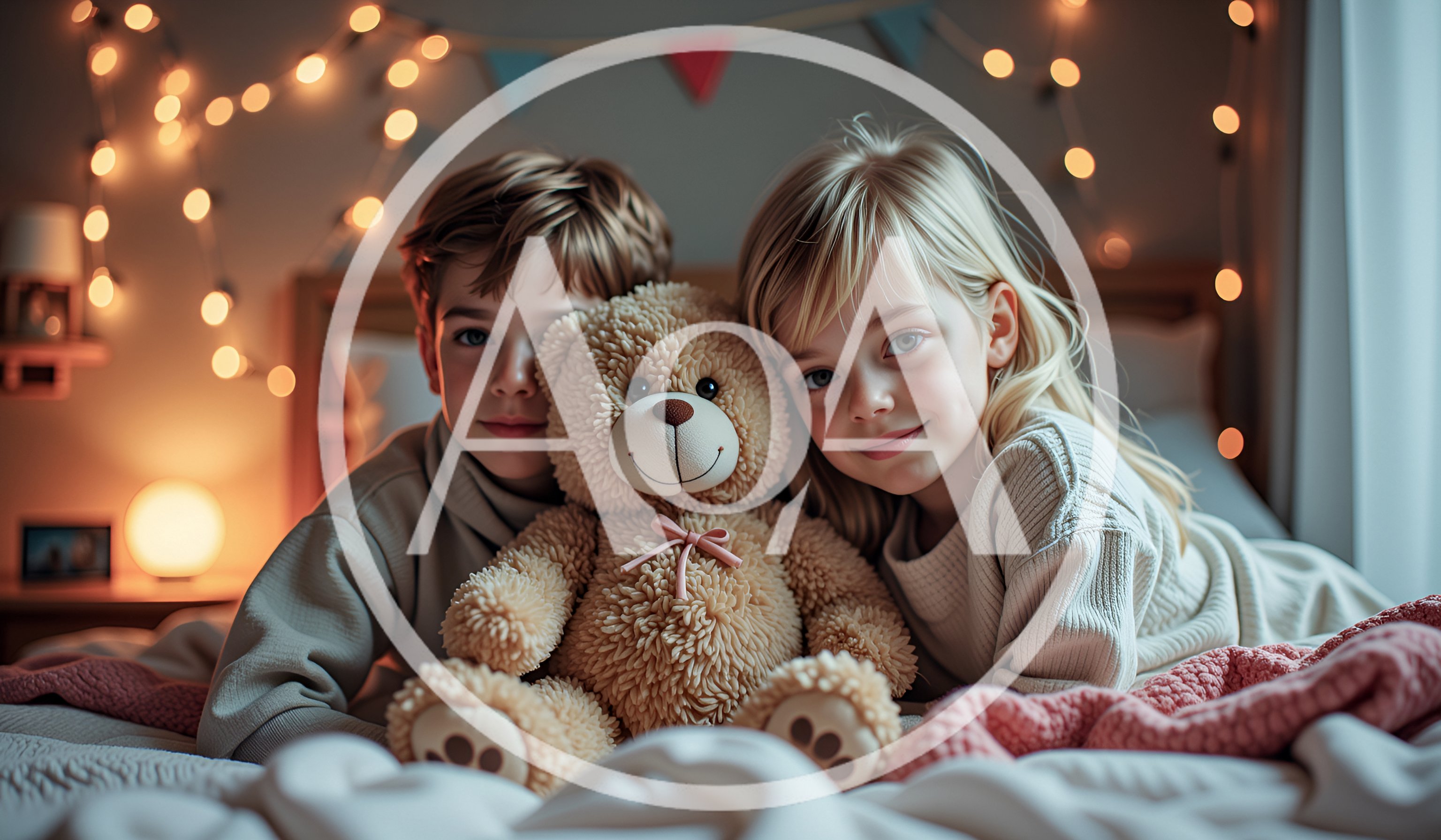 Young Children Cuddling With Teddy Bear In Bedroom