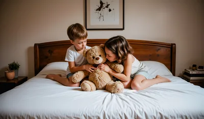 Young Children Playing With A Teddy Bear On Bed