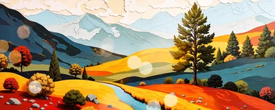 Stylized Autumn Landscape With Mountains And River