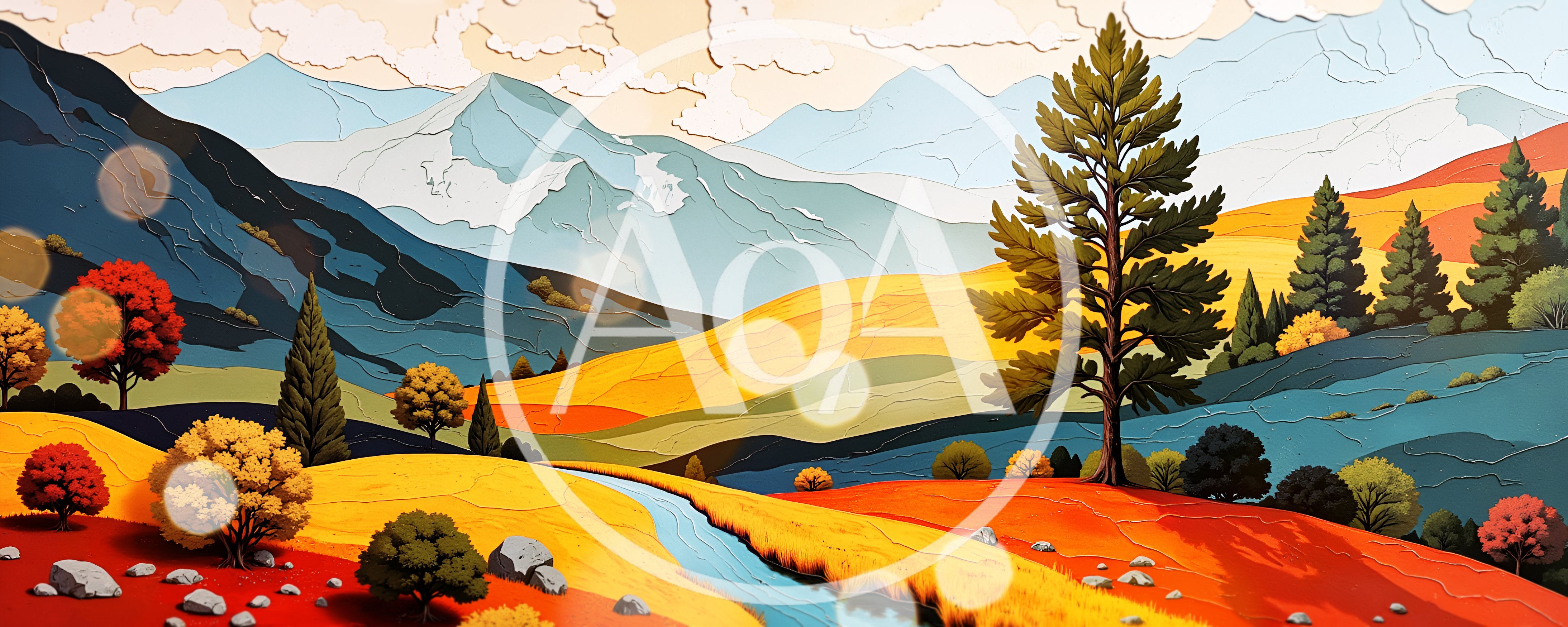 Stylized Autumn Landscape With Mountains And River