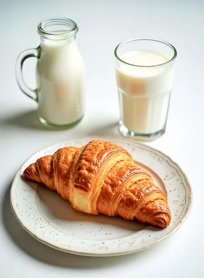 Fresh Golden Croissant With Milk On White Table