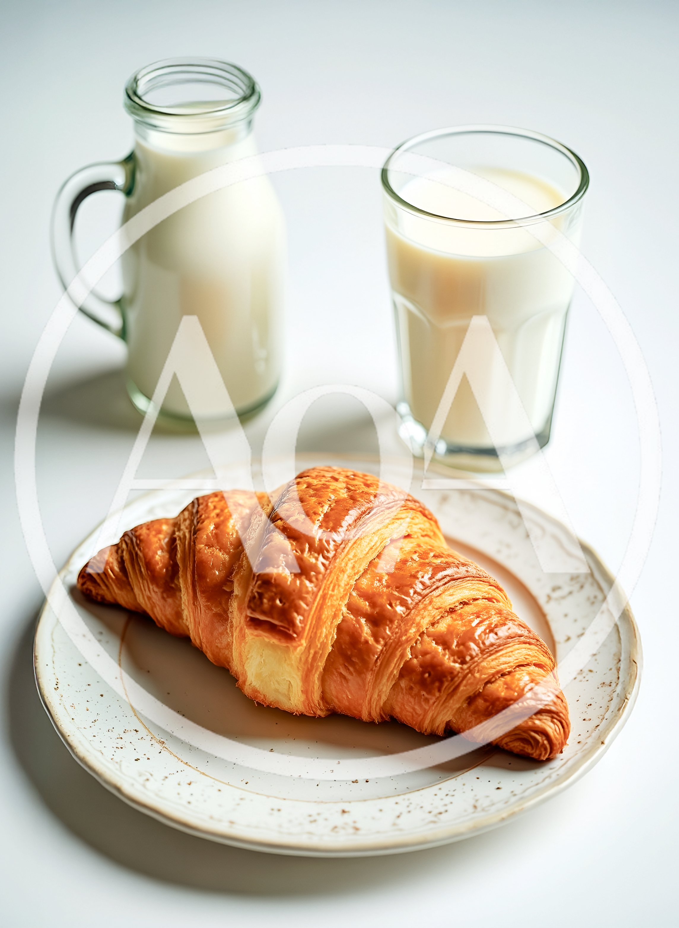 Fresh Golden Croissant With Milk On White Table