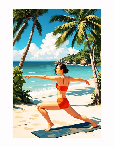 Woman Practicing Yoga On A Tropical Beach