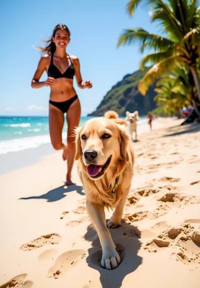Woman Running With Golden Retriever On Tropical Beach