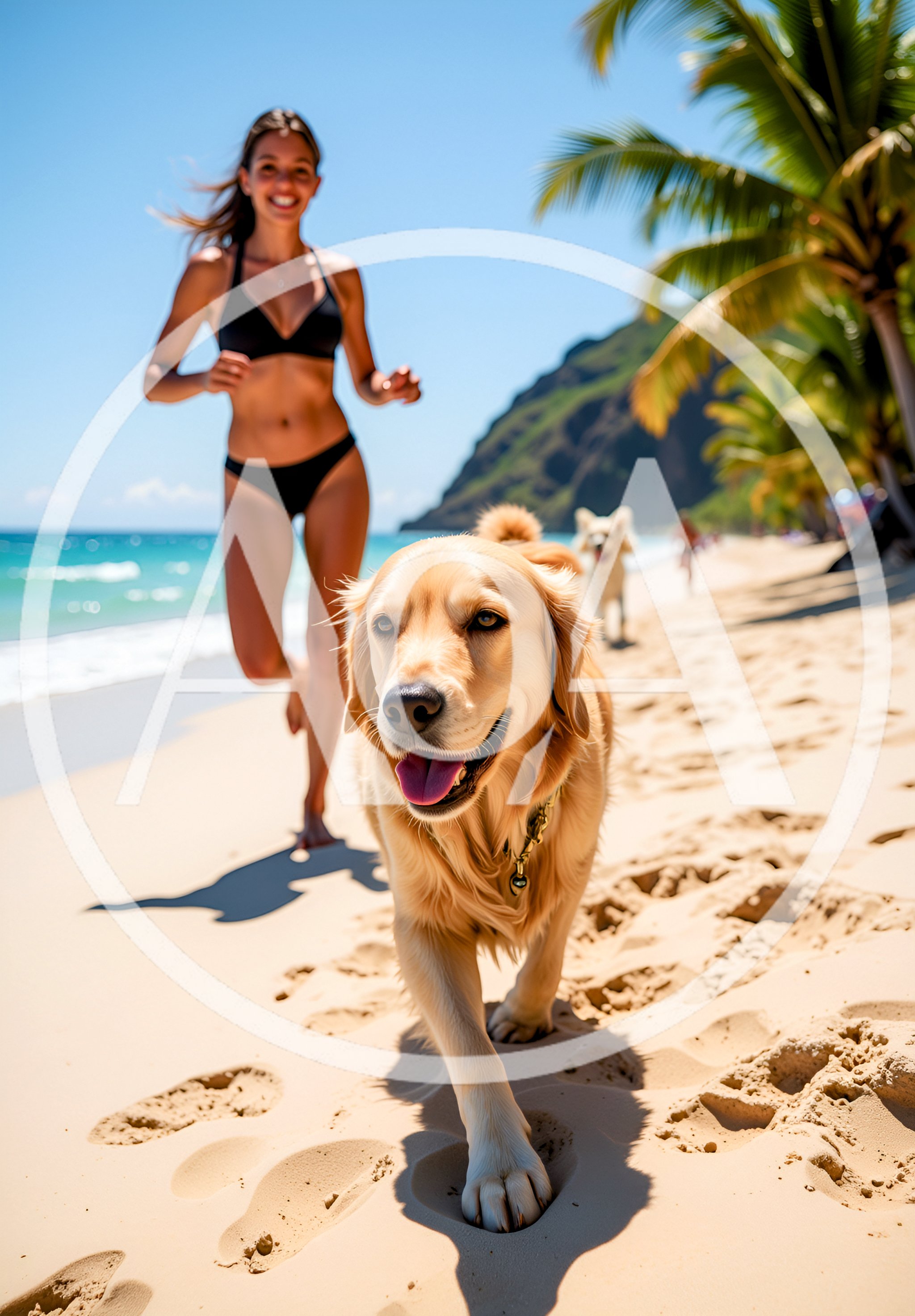 Woman Running With Golden Retriever On Tropical Beach