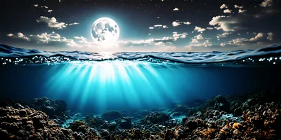 Split Level View Of Moonlit Ocean Surface And Coral Reef