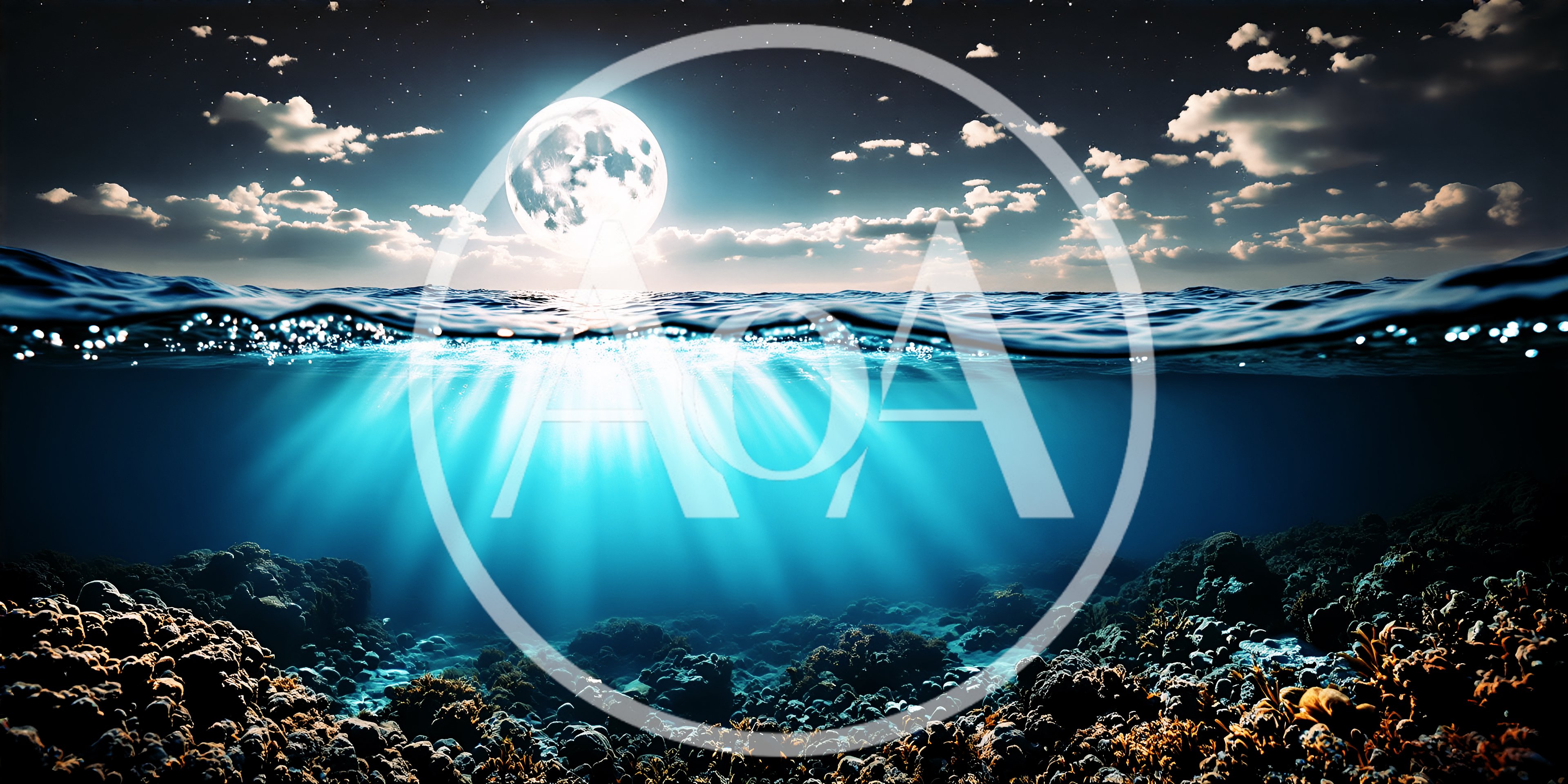 Split Level View Of Moonlit Ocean Surface And Coral Reef