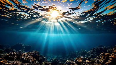 Sunlight Rays Piercing Through Ocean Surface Over Coral Reef