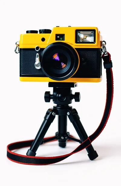 Yellow Vintage Style Camera Mounted On A Tripod