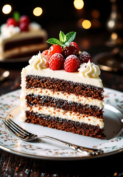 Slice Of Chocolate Layer Cake With Fresh Raspberries