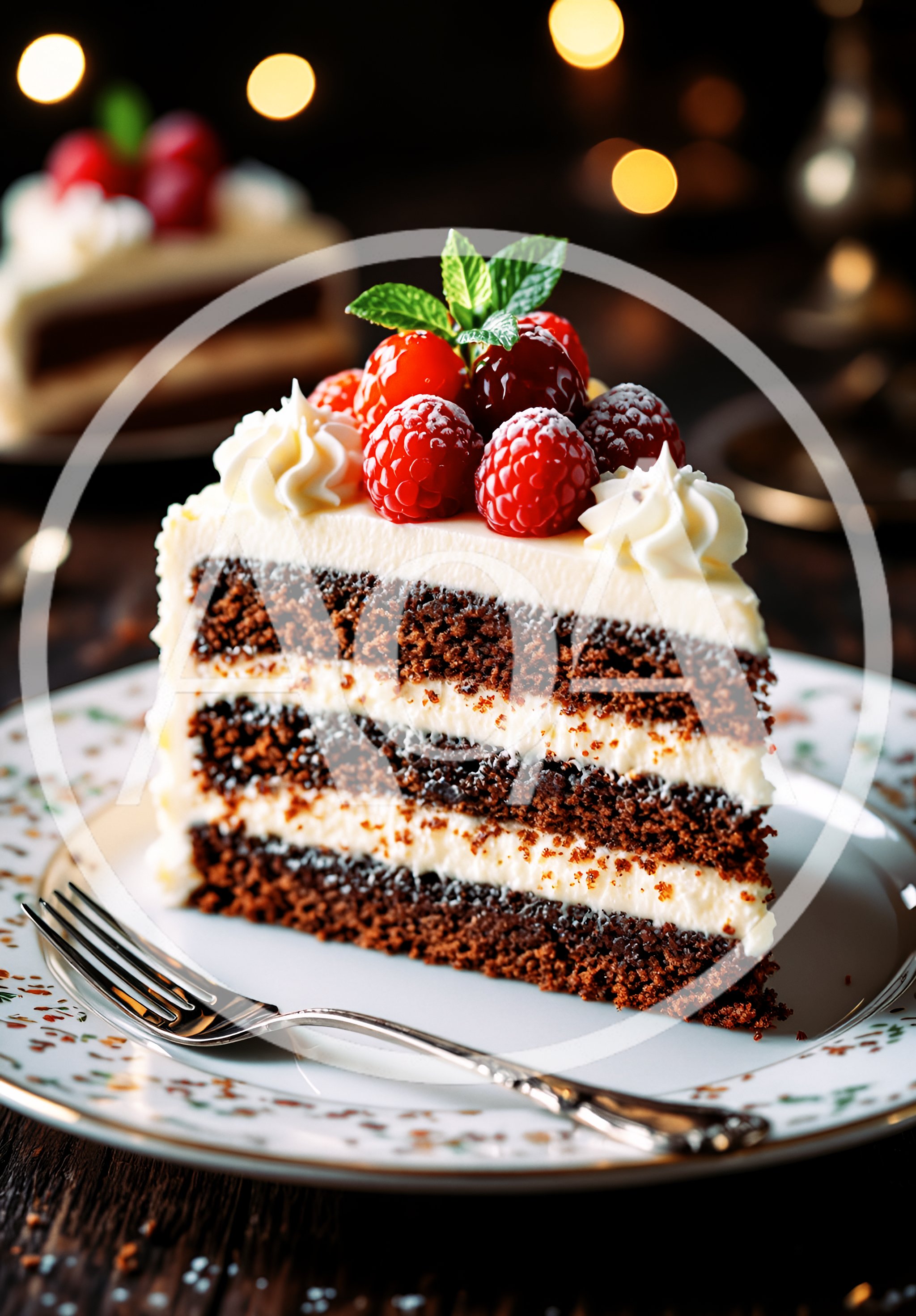 Slice Of Chocolate Layer Cake With Fresh Raspberries
