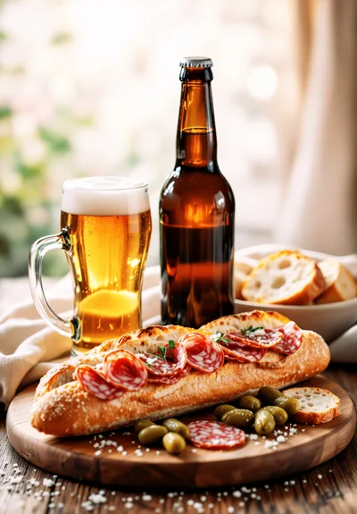 Salami Baguette Sandwich With Beer And Olives
