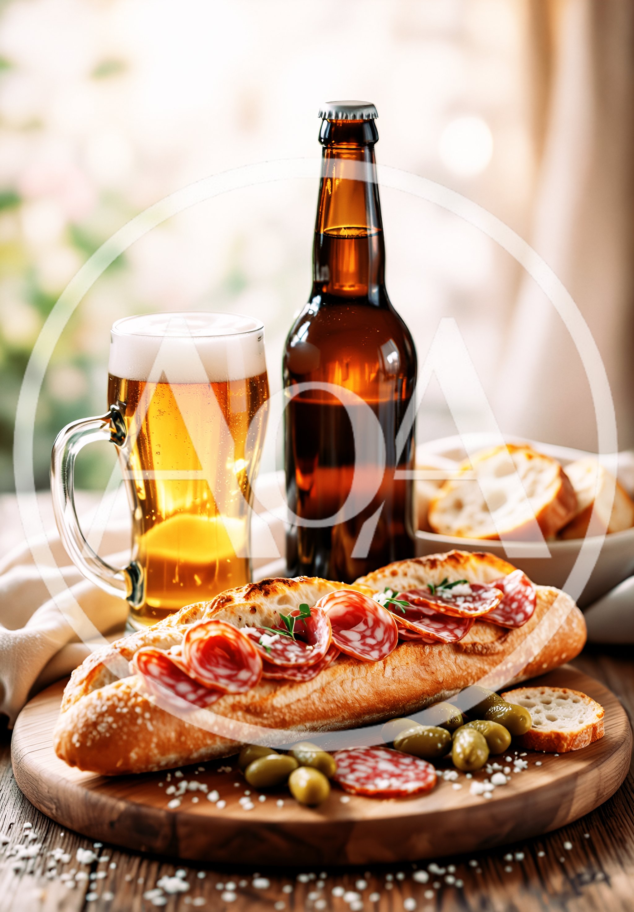 Salami Baguette Sandwich With Beer And Olives