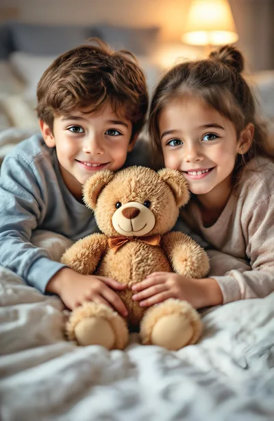 Happy Children Cuddling Teddy Bear on Bed