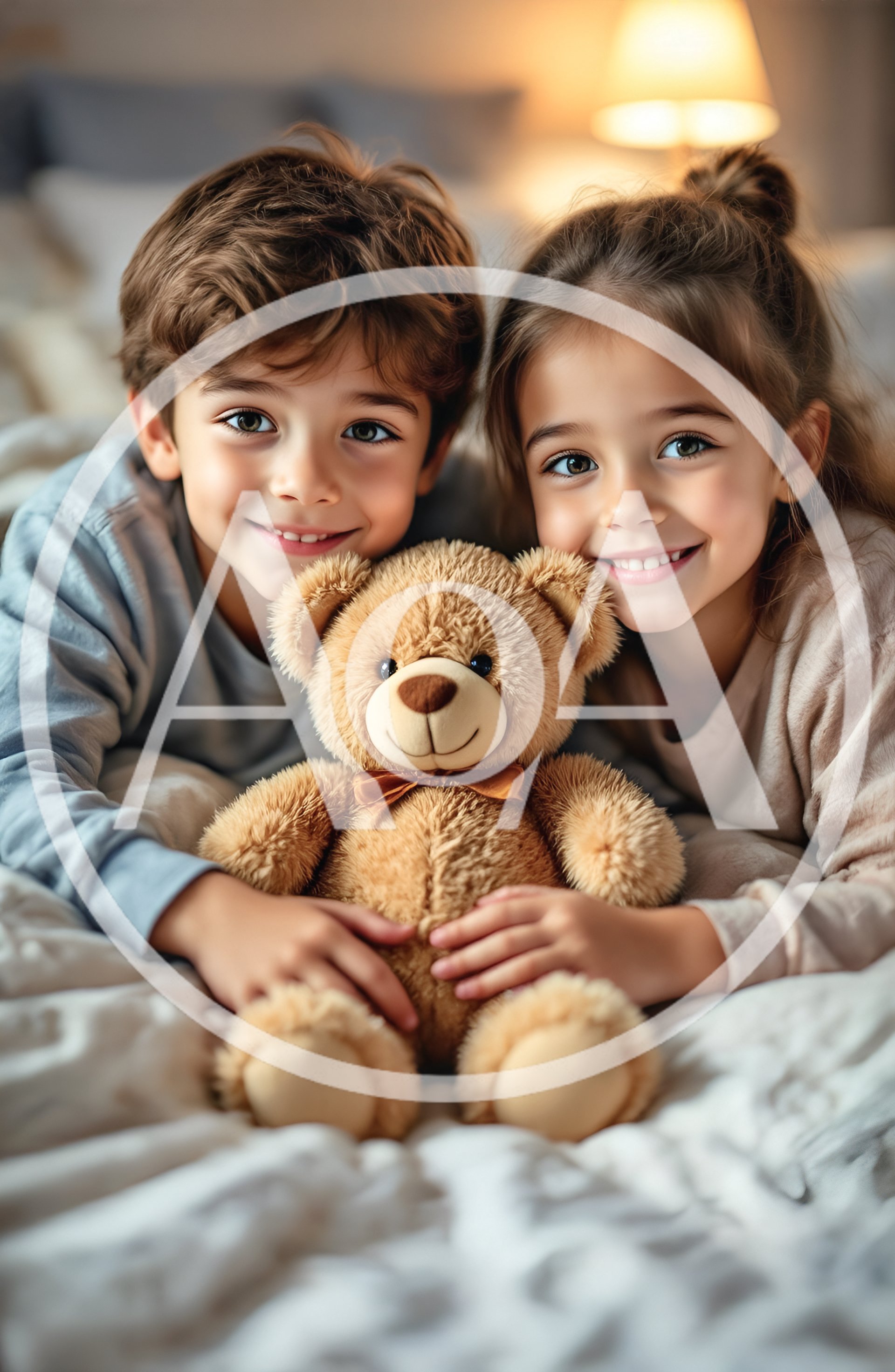 Happy Children Cuddling Teddy Bear on Bed