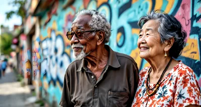 Elderly Couple Smiling Together Against Vibrant Graffiti Wall