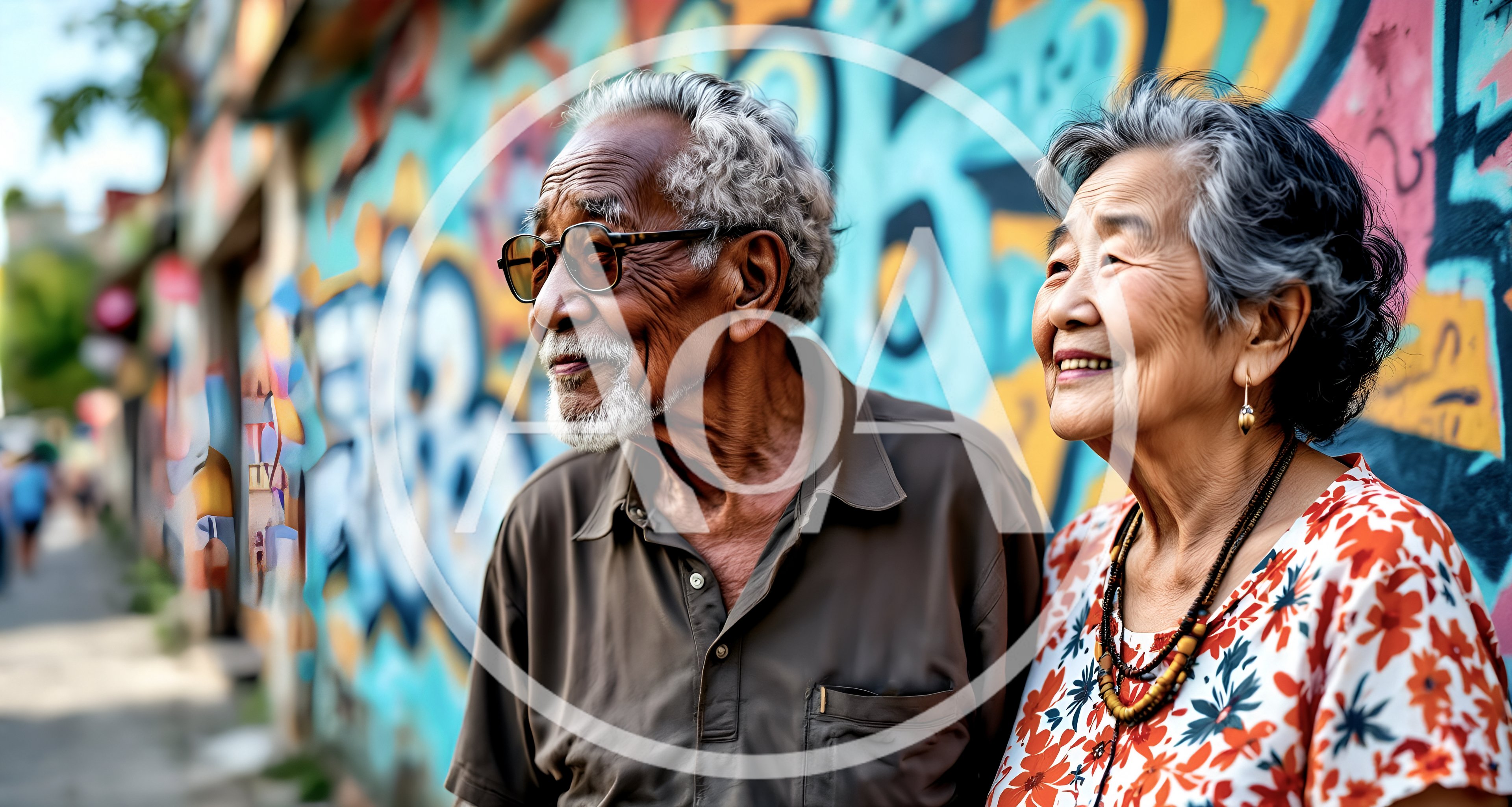 Elderly Couple Smiling Together Against Vibrant Graffiti Wall
