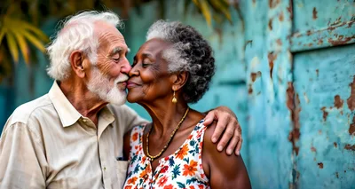Elderly Interracial Couple Sharing A Tender Kiss