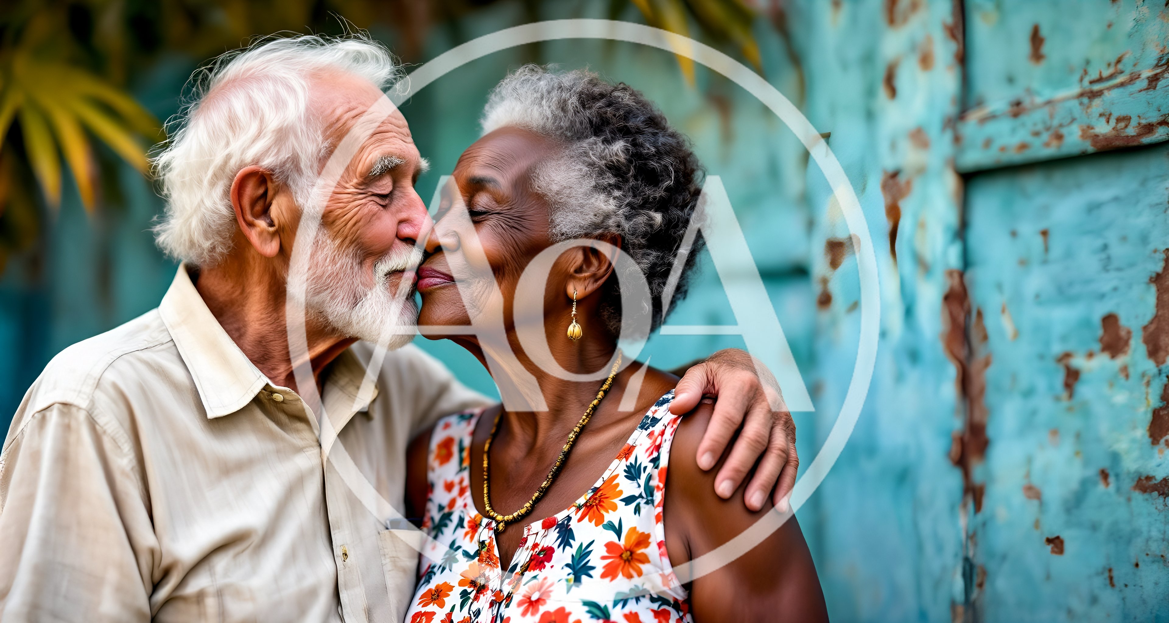 Elderly Interracial Couple Sharing A Tender Kiss