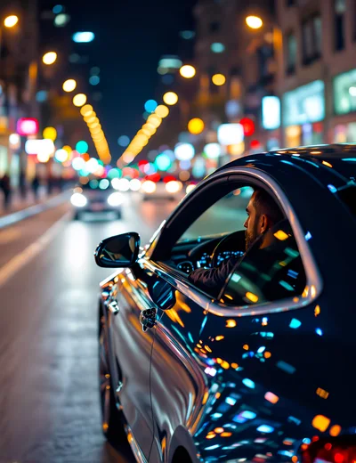 Man Driving Luxury Car Through City at Night