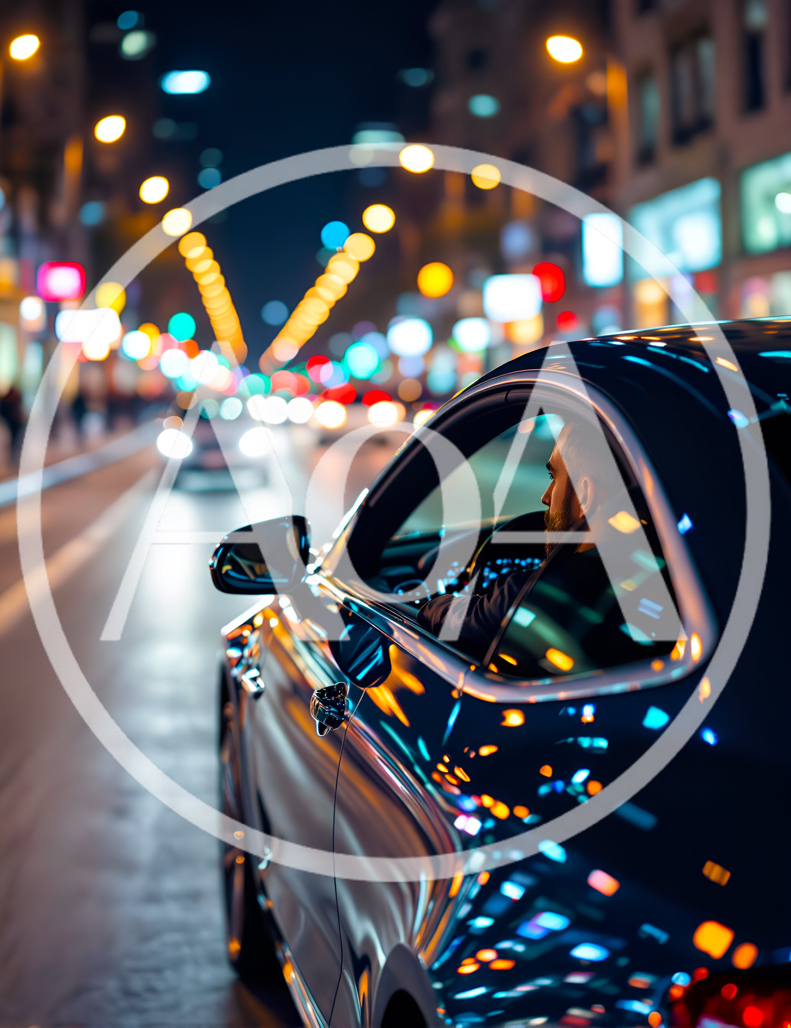 Man Driving Luxury Car Through City at Night