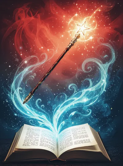 Magic Wand Hovering Above An Open Spellbook