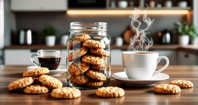Cookies In A Glass Jar With Steaming Coffee