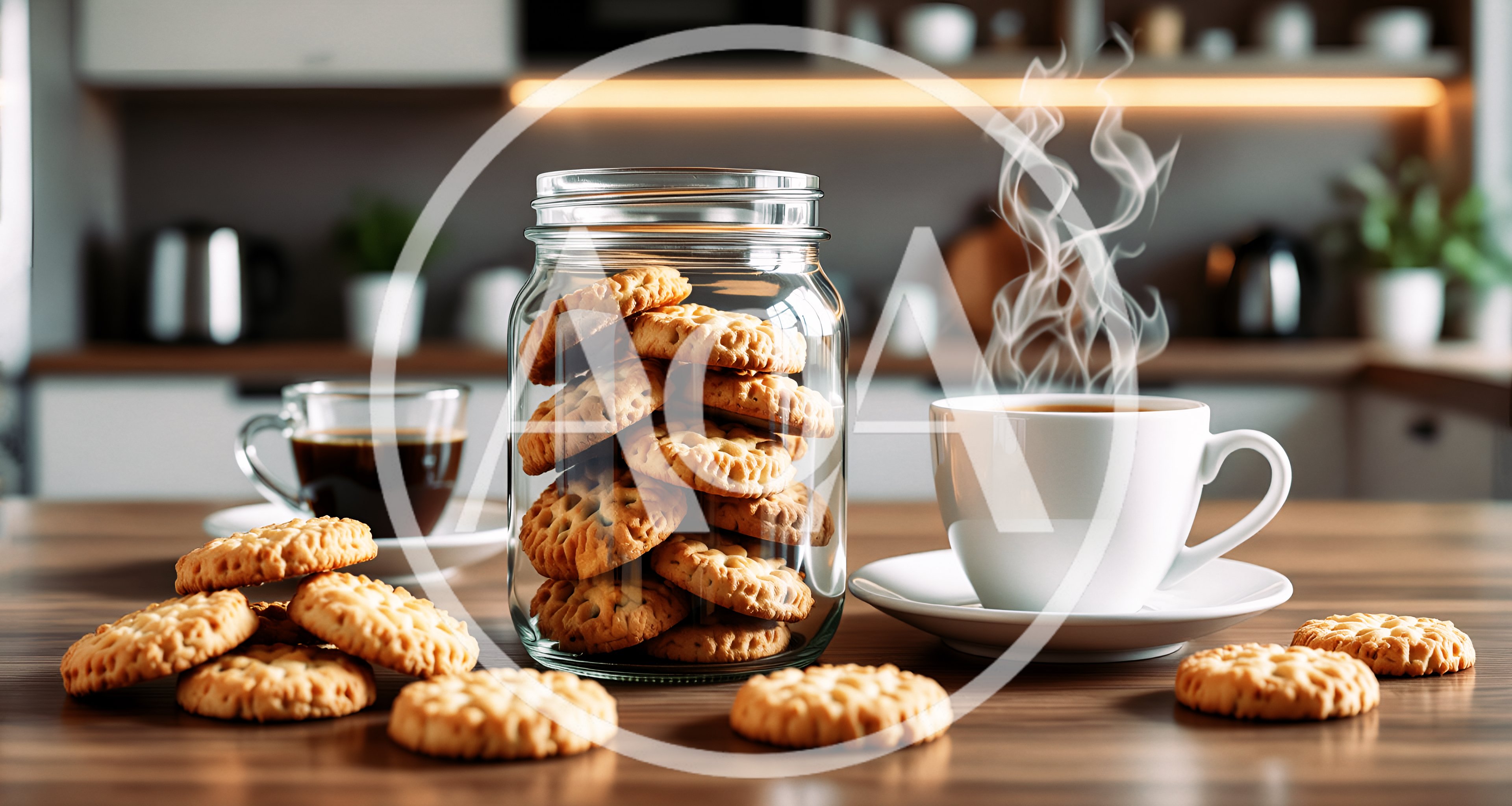 Cookies In A Glass Jar With Steaming Coffee