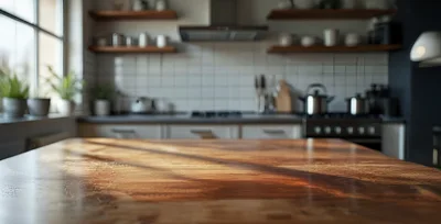 Wooden Kitchen Countertop With Blurred Modern Kitchen Background