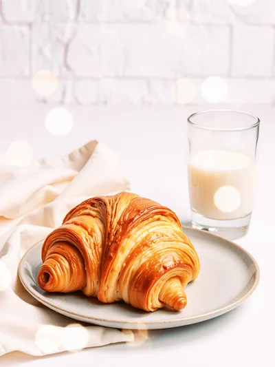 Fresh Golden Croissant Served With A Glass Of Milk