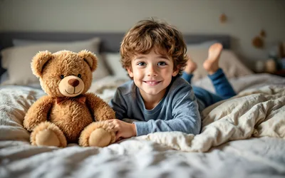 Young Boy Lying on Bed with Teddy Bear