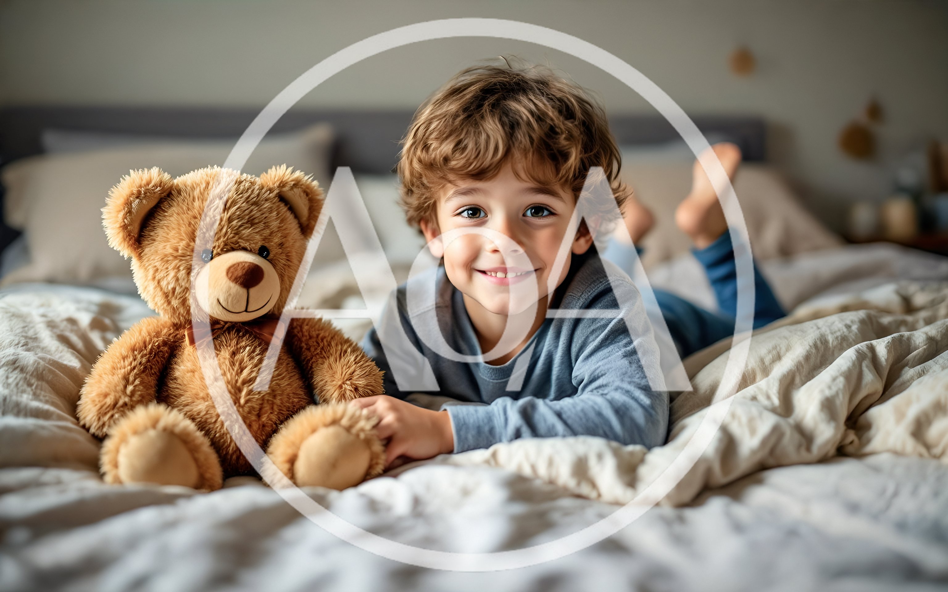 Young Boy Lying on Bed with Teddy Bear