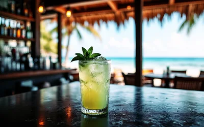 Refreshing Mojito Cocktail On A Tropical Beach Bar Counter